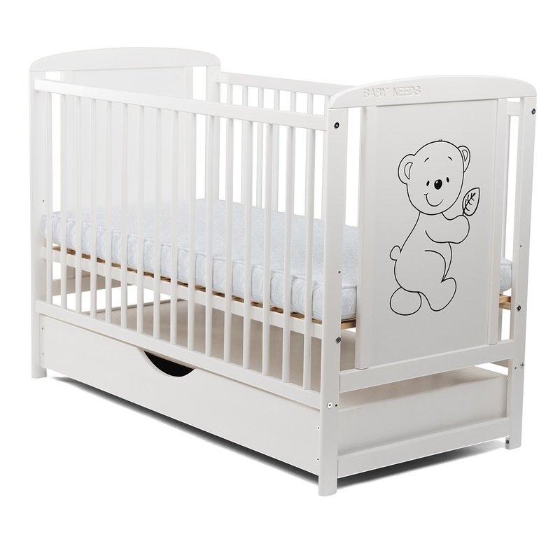 BabyNeeds - Patut din lemn Timmi 120x60 cm, cu sertar, Alb + Saltea 10 cm image 2