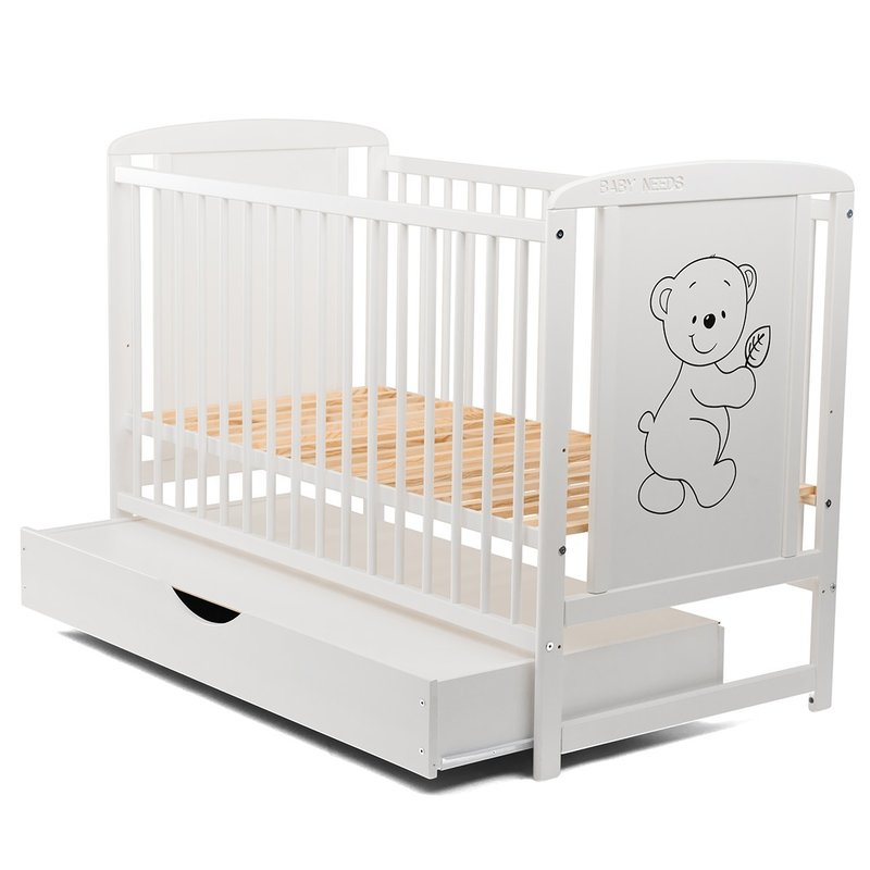 BabyNeeds - Patut din lemn Timmi 120x60 cm, cu sertar, Alb + Saltea 10 cm image 5