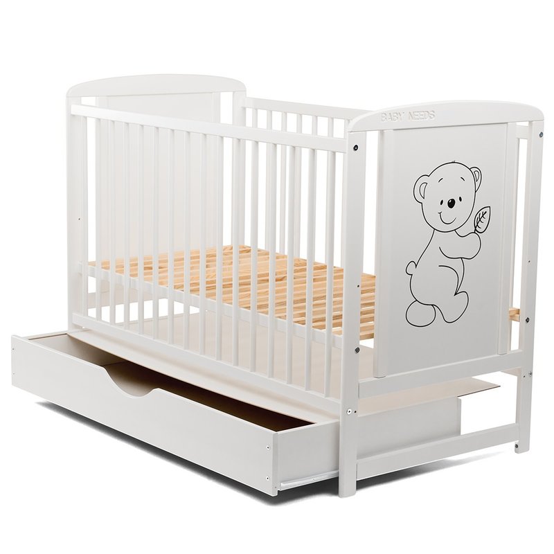 BabyNeeds - Patut din lemn Timmi 120x60 cm, cu sertar, Alb + Saltea 10 cm image 6