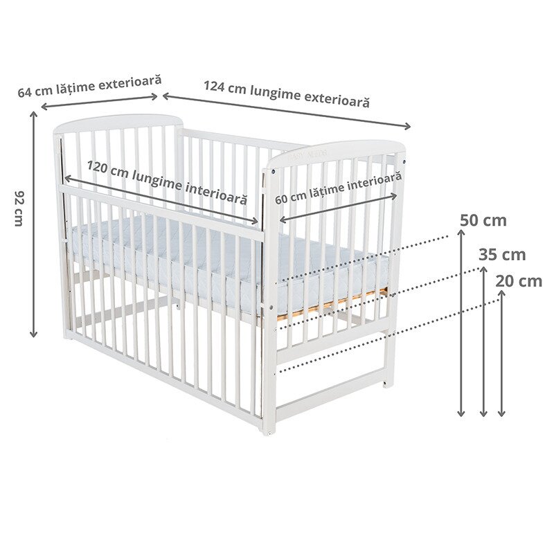 BabyNeeds - Patut din lemn Ola 120x60 cm, cu laterala culisanta, Alb + Saltea 10 cm image 3