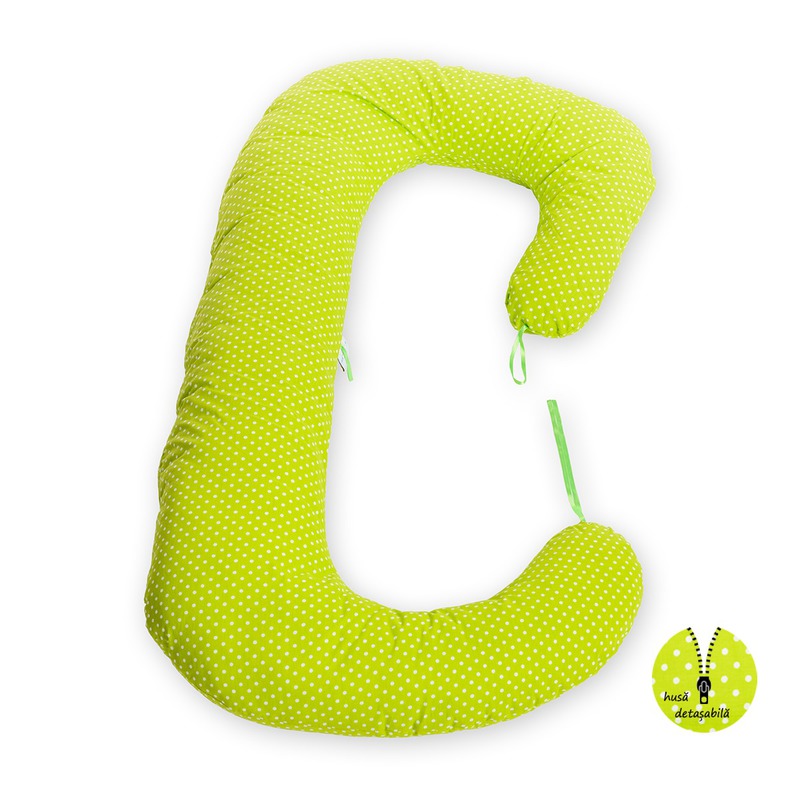 BabyNeeds - Perna 3 in 1 pentru gravide si bebelusi Soft Plus, Cu husa detasabila din bumbac, Bulinute mici alb cu verde