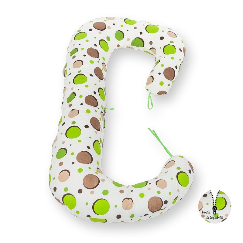 BabyNeeds - Perna 3 in 1 pentru gravide si bebelusi Soft Plus, Cu husa detasabila din bumbac, Bulinute verzi image 1