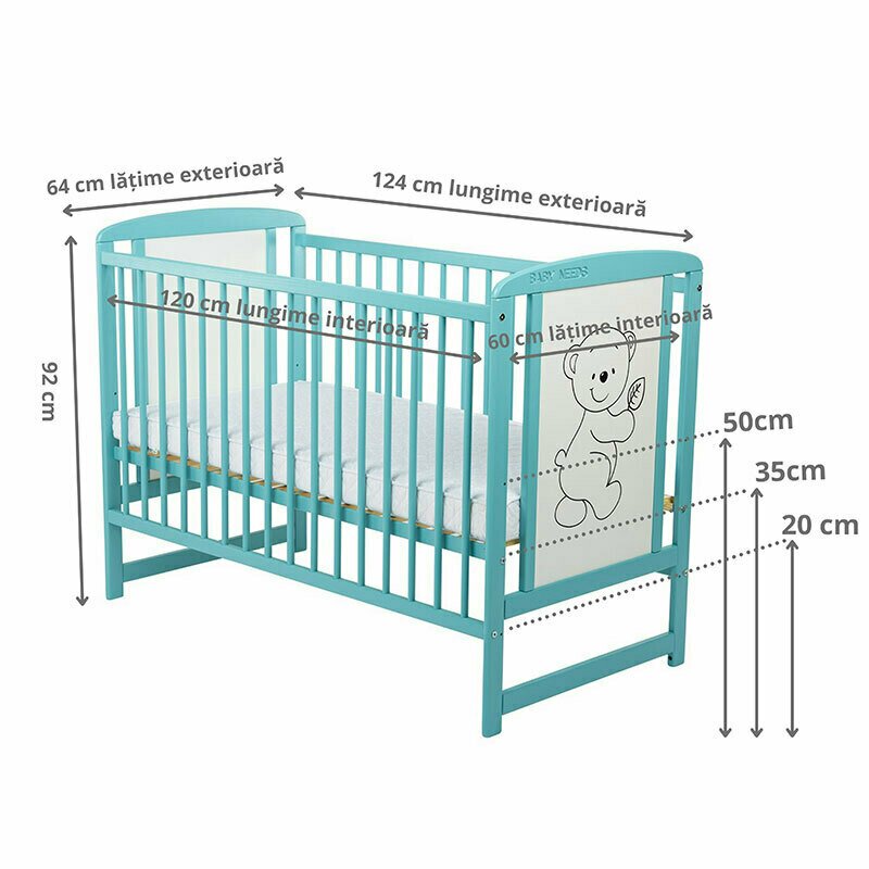 BabyNeeds - Patut din lemn Timmi 120x60 cm, cu laterala culisanta, Mint image 6