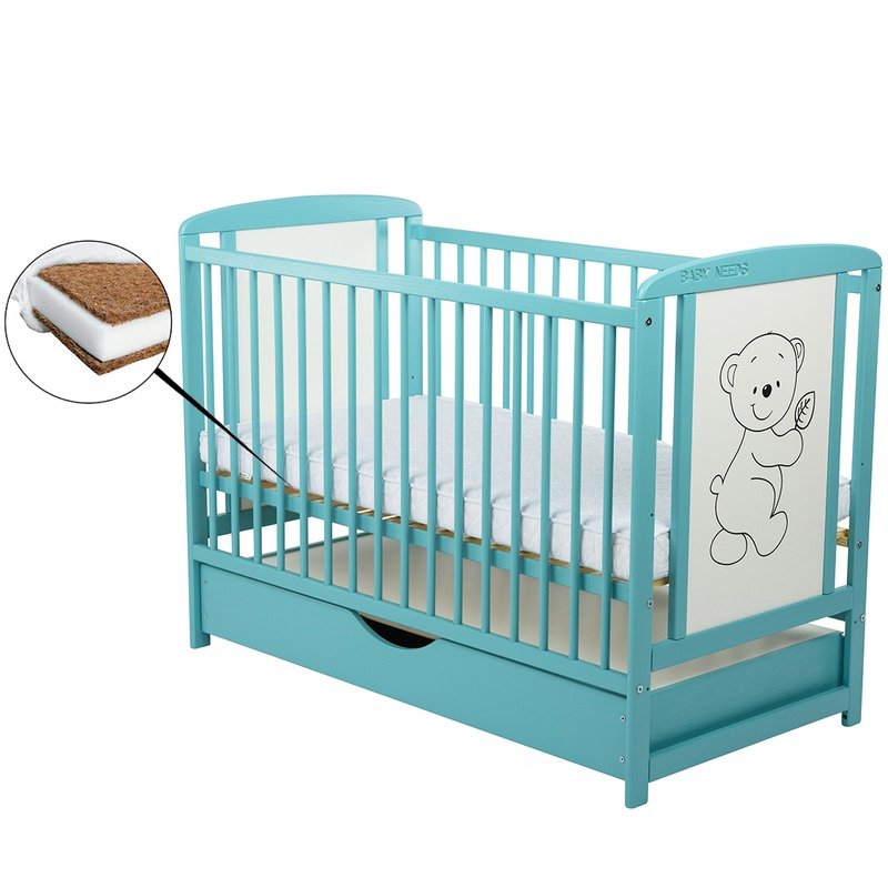 BabyNeeds - Patut din lemn Timmi 120x60 cm, cu sertar Mint + Saltea 10 cm