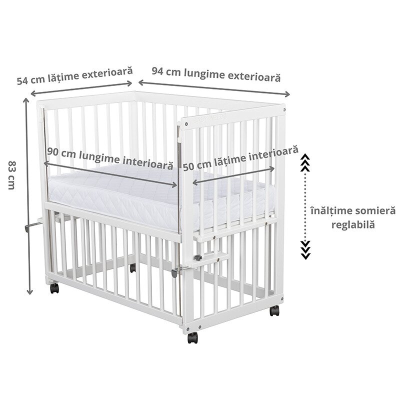 BabyNeeds - Patut evolutiv Dalia, cu roti, 90x50 cm, Alb image 3