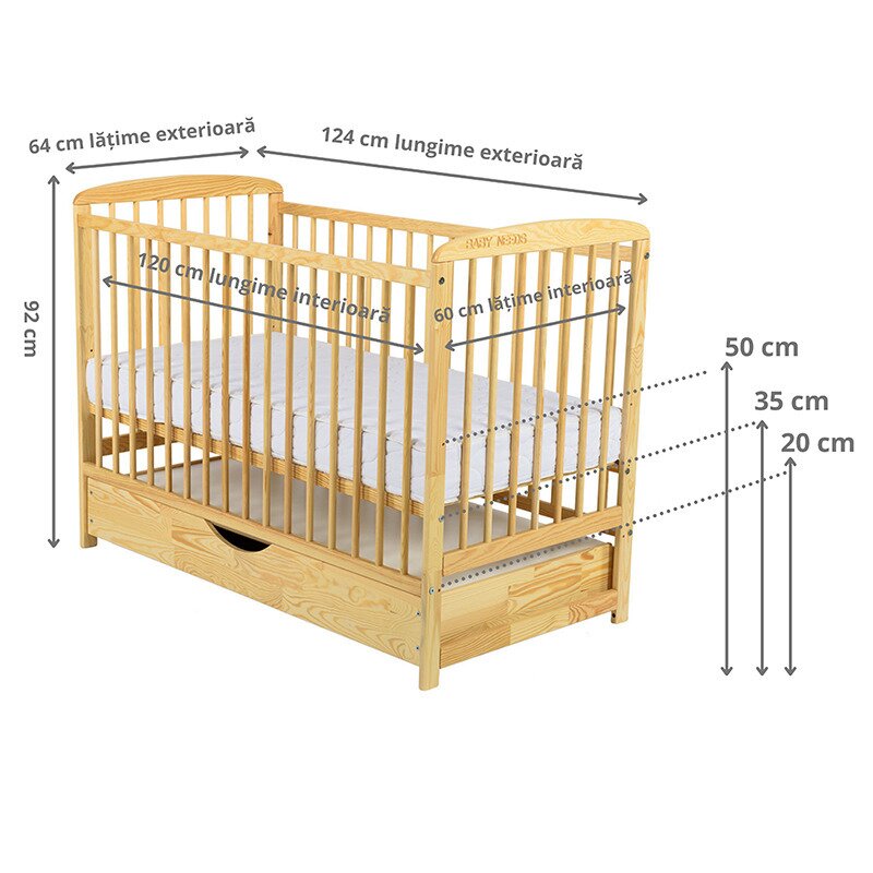 BabyNeeds - Patut din lemn Ola 120x60 cm, cu sertar, Natur image 3