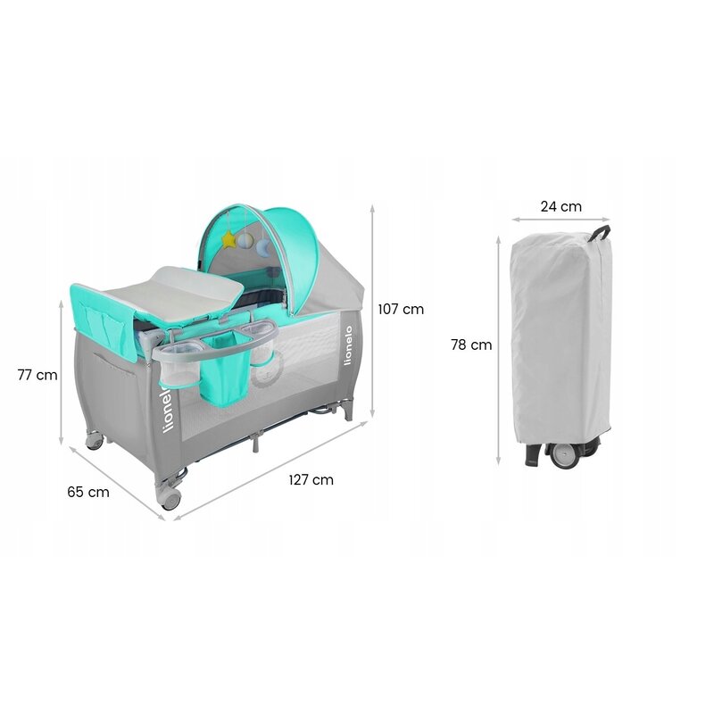 Lionelo - Patut pliant cu doua nivele Sven Plus, 120x60 cm, arcada jucarii, masuta de infasat, vibratii, melodii, Turcoaz/Gri image 2