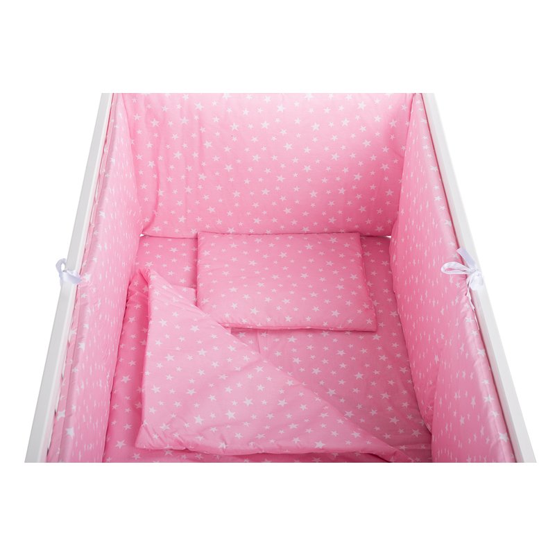 BabyNeeds - Lenjerie patut 5 piese, Cu doua protectii laterale, Pernuta, Plapumioara, Cearceaf, Din bumbac, Pentru patut 120x60 cm, Roz cu stelute albe image 1