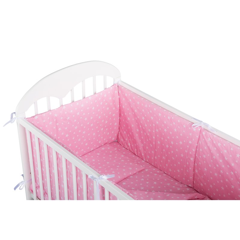 BabyNeeds - Lenjerie patut 5 piese, Cu doua protectii laterale, Pernuta, Plapumioara, Cearceaf, Din bumbac, Pentru patut 120x60 cm, Roz cu stelute albe image 3