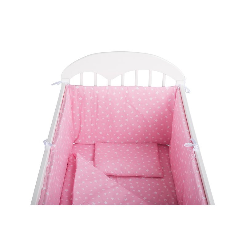 BabyNeeds - Lenjerie patut 5 piese, Cu doua protectii laterale, Pernuta, Plapumioara, Cearceaf, Din bumbac, Pentru patut 120x60 cm, Roz cu stelute albe image 4