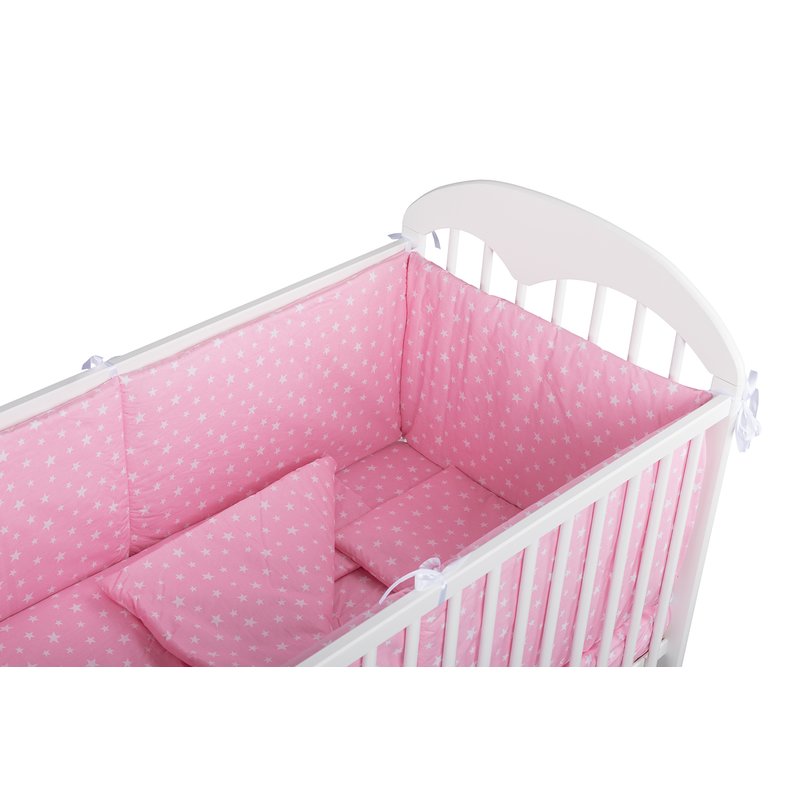 BabyNeeds - Lenjerie patut 5 piese, Cu doua protectii laterale, Pernuta, Plapumioara, Cearceaf, Din bumbac, Pentru patut 120x60 cm, Roz cu stelute albe image 5