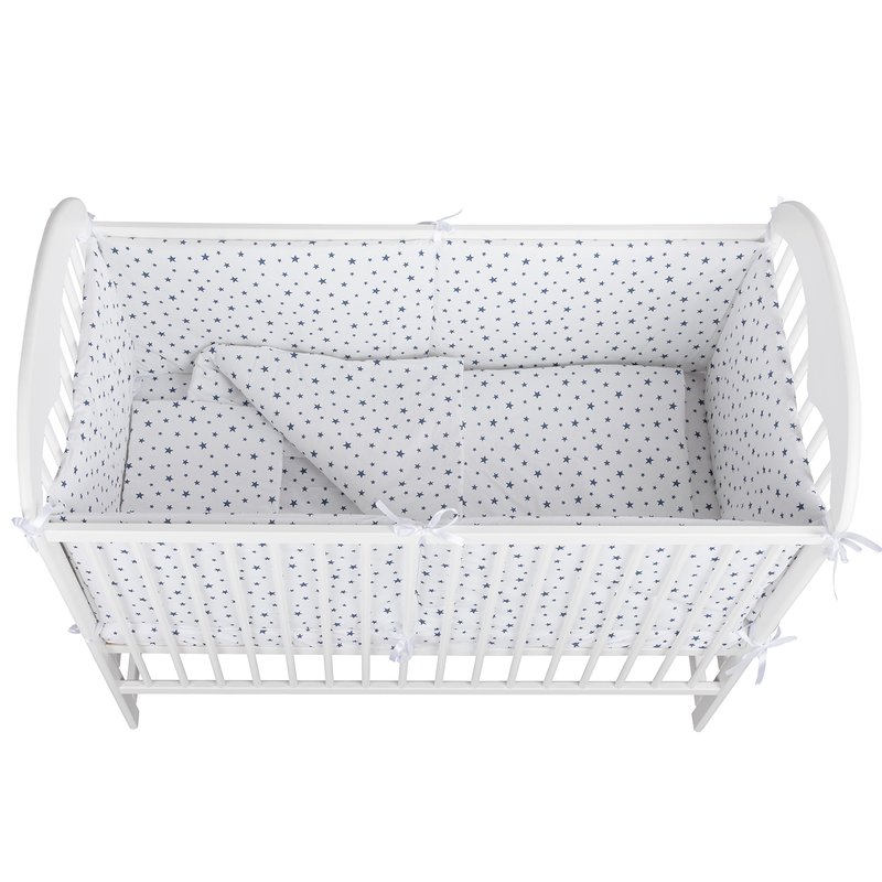 BabyNeeds - Lenjerie patut 5 piese, Cu doua protectii laterale, Pernuta, Plapumioara, Cearceaf, Din bumbac, Pentru patut 120x60 cm, Alb cu stelute albastre image 2