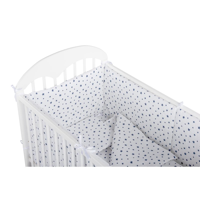 BabyNeeds - Lenjerie patut 5 piese, Cu doua protectii laterale, Pernuta, Plapumioara, Cearceaf, Din bumbac, Pentru patut 120x60 cm, Alb cu stelute albastre image 4