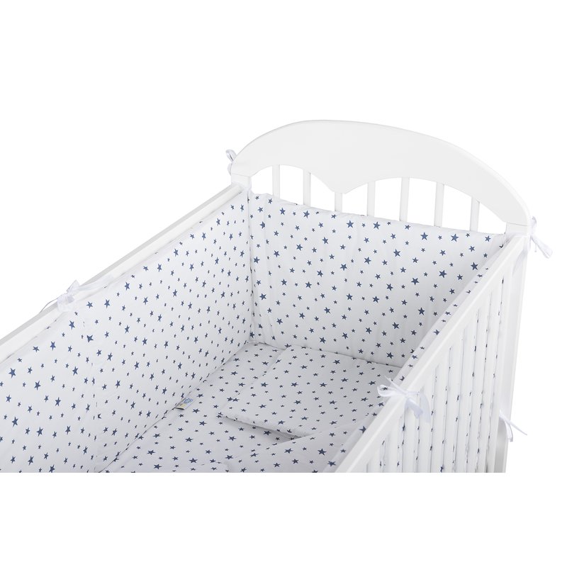 BabyNeeds - Lenjerie patut 5 piese, Cu doua protectii laterale, Pernuta, Plapumioara, Cearceaf, Din bumbac, Pentru patut 120x60 cm, Alb cu stelute albastre image 6