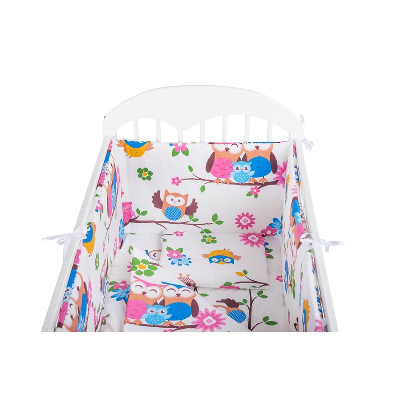 BabyNeeds - Lenjerie patut 5 piese, Cu doua protectii laterale, Pernuta, Plapumioara, Cearceaf, Din bumbac, Pentru patut 120x60 cm, Bufnitele vesele