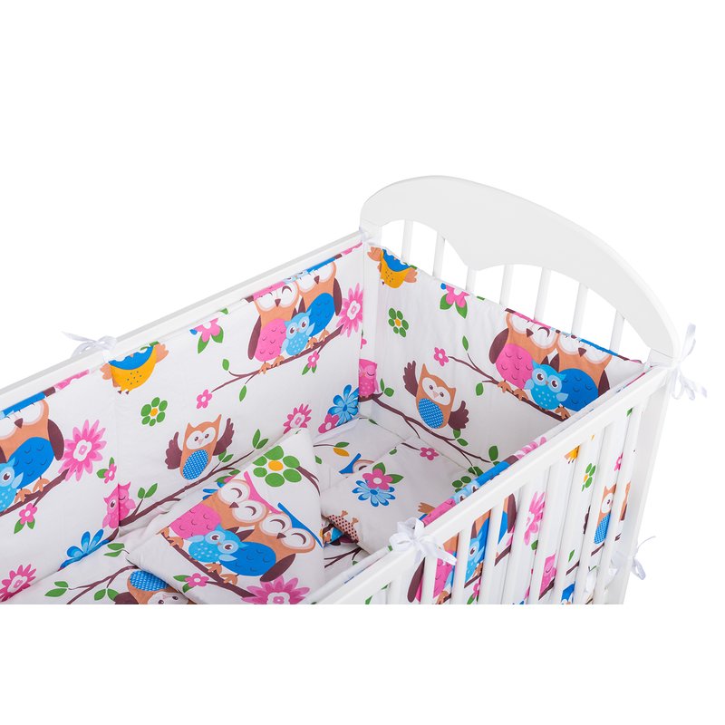 BabyNeeds - Lenjerie patut 5 piese, Cu doua protectii laterale, Pernuta, Plapumioara, Cearceaf, Din bumbac, Pentru patut 120x60 cm, Bufnitele vesele image 2