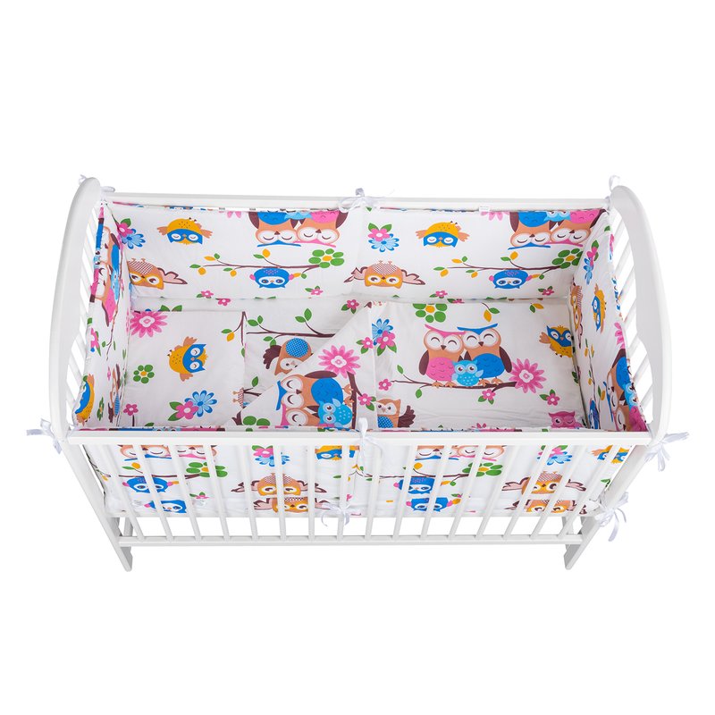 BabyNeeds - Lenjerie patut 5 piese, Cu doua protectii laterale, Pernuta, Plapumioara, Cearceaf, Din bumbac, Pentru patut 120x60 cm, Bufnitele vesele image 3