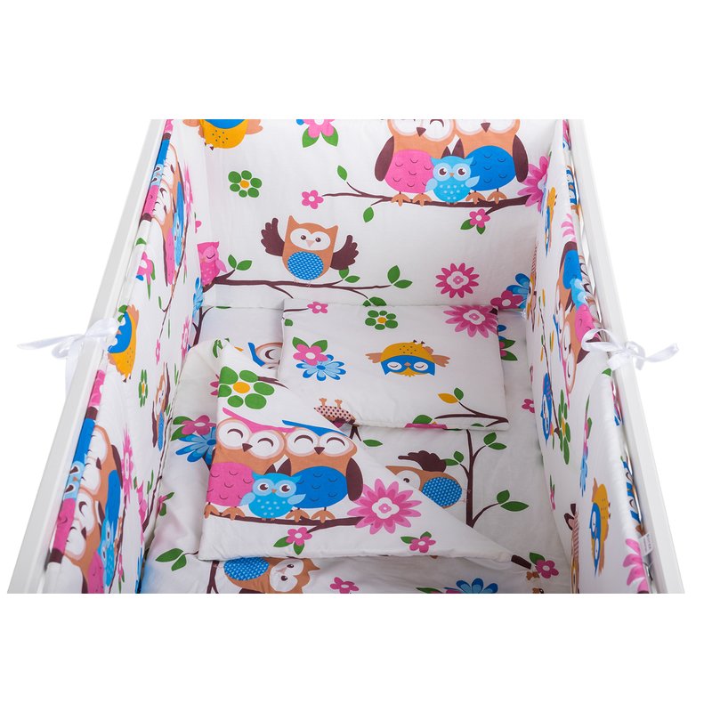 BabyNeeds - Lenjerie patut 5 piese, Cu doua protectii laterale, Pernuta, Plapumioara, Cearceaf, Din bumbac, Pentru patut 120x60 cm, Bufnitele vesele image 4