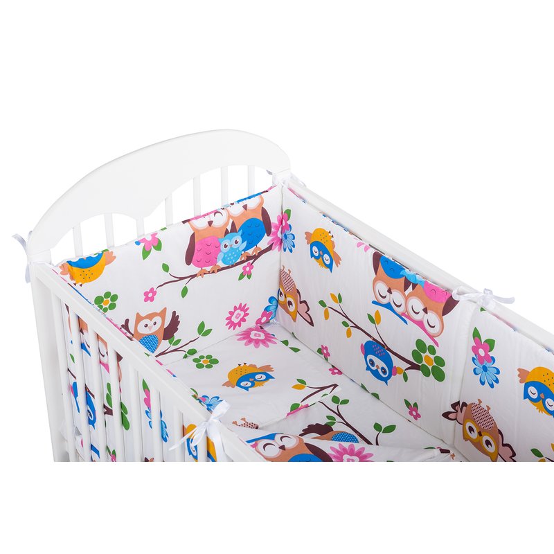 BabyNeeds - Lenjerie patut 5 piese, Cu doua protectii laterale, Pernuta, Plapumioara, Cearceaf, Din bumbac, Pentru patut 120x60 cm, Bufnitele vesele image 5