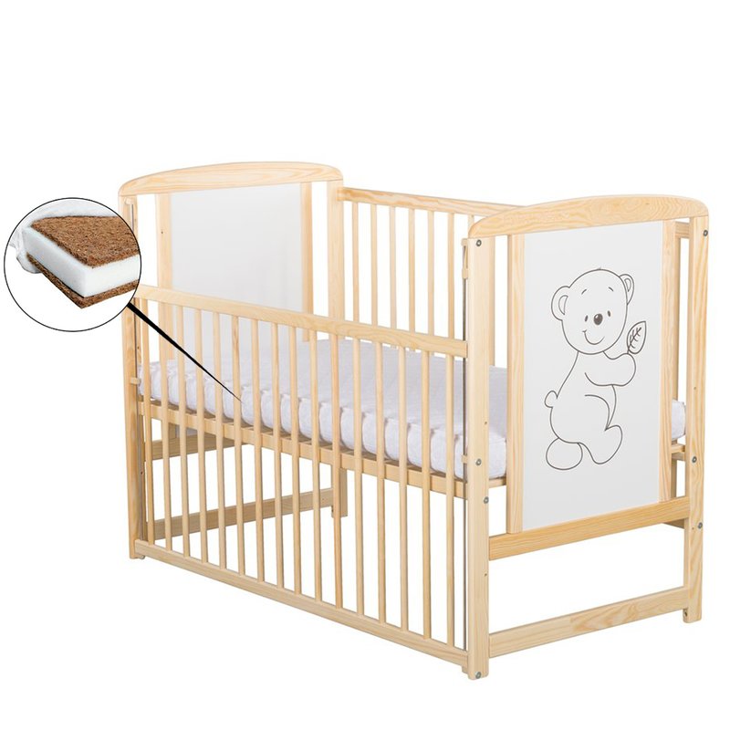 BabyNeeds - Patut din lemn Timmi 120x60 cm, cu laterala culisanta, Natur + Saltea 10 cm