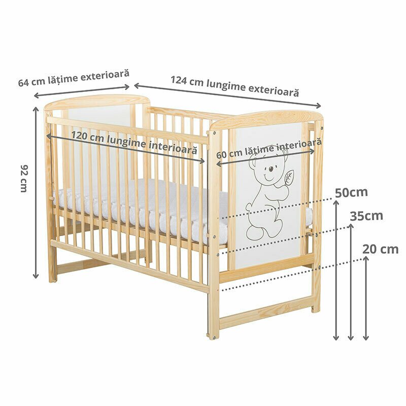 BabyNeeds - Patut din lemn Timmi 120x60 cm, cu laterala culisanta, Natur + Saltea 10 cm image 8