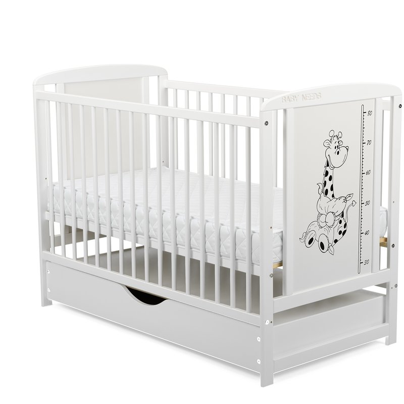 BabyNeeds - Patut din lemn Timmi Girafa 120x60 cm, cu sertar, Alb