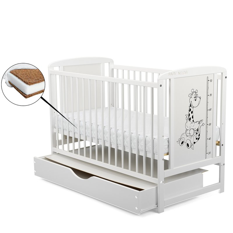 BabyNeeds - Patut din lemn Timmi Girafa 120x60 cm, cu sertar, Alb + Saltea 10 cm image 1