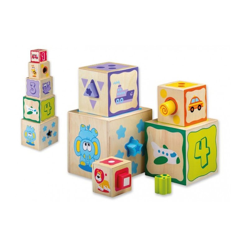 Joueco- Jucarie din lemn Cuburi cu sortator de forme, 10 piese image 1