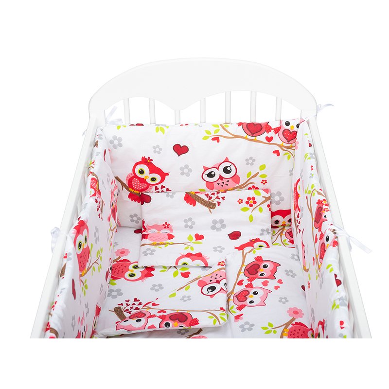 BabyNeeds - Lenjerie patut 5 piese, Cu doua protectii laterale, Pernuta, Plapumioara, Cearceaf, Din bumbac, Pentru patut 120x60 cm, Bufnite, Rosu