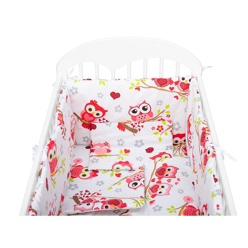 BabyNeeds - Lenjerie patut 5 piese, Cu doua protectii laterale, Pernuta, Plapumioara, Cearceaf, Din bumbac, Pentru patut 120x60 cm, Bufnite, Rosu image 1