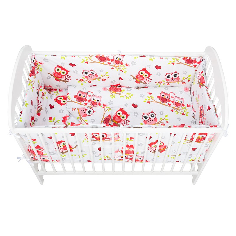 BabyNeeds - Lenjerie patut 5 piese, Cu doua protectii laterale, Pernuta, Plapumioara, Cearceaf, Din bumbac, Pentru patut 120x60 cm, Bufnite, Rosu image 2