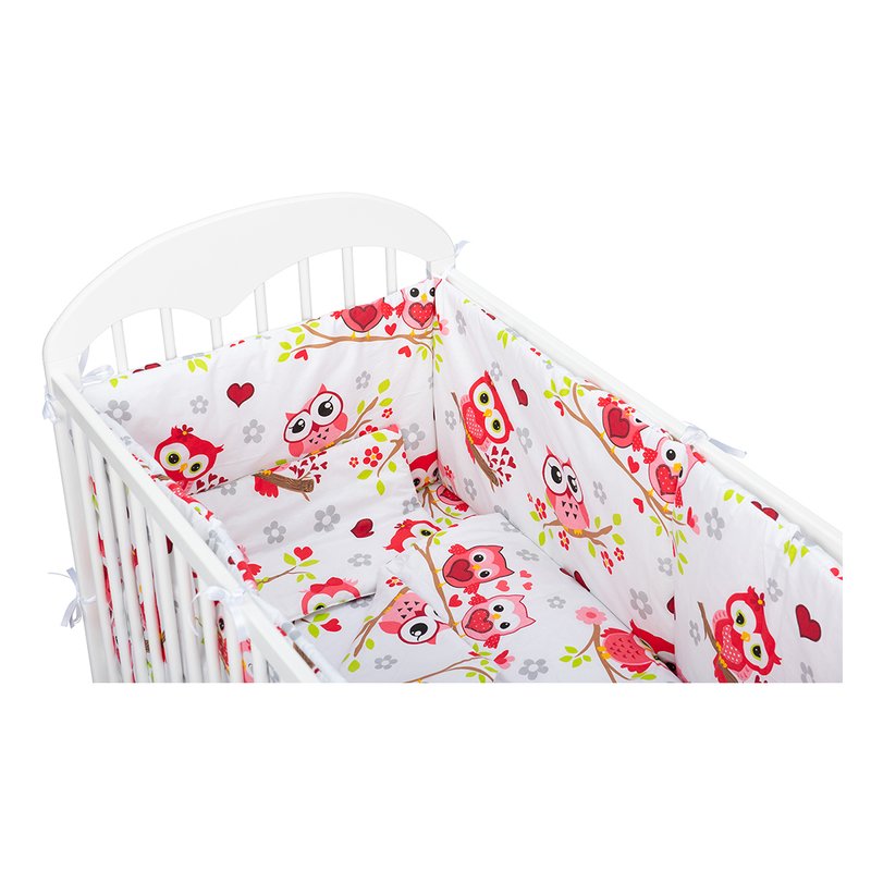 BabyNeeds - Lenjerie patut 5 piese, Cu doua protectii laterale, Pernuta, Plapumioara, Cearceaf, Din bumbac, Pentru patut 120x60 cm, Bufnite, Rosu image 3