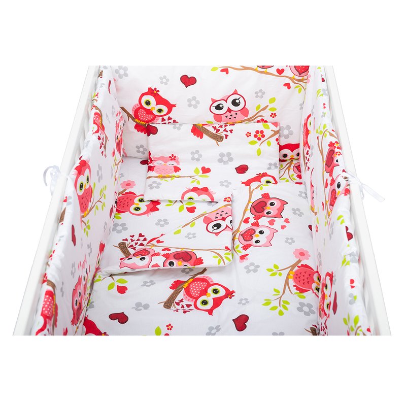 BabyNeeds - Lenjerie patut 5 piese, Cu doua protectii laterale, Pernuta, Plapumioara, Cearceaf, Din bumbac, Pentru patut 120x60 cm, Bufnite, Rosu image 5