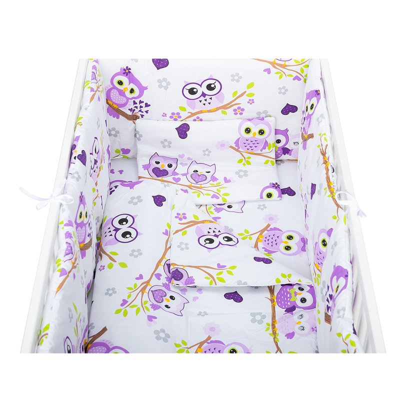 BabyNeeds - Lenjerie patut 5 piese, Cu doua protectii laterale, Pernuta, Plapumioara, Cearceaf, Din bumbac, Pentru patut 120x60 cm, Bufnite, Mov image 2