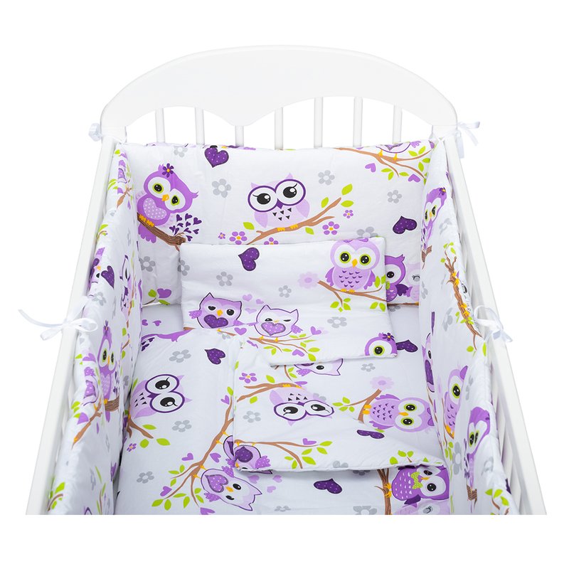 BabyNeeds - Lenjerie patut 5 piese, Cu doua protectii laterale, Pernuta, Plapumioara, Cearceaf, Din bumbac, Pentru patut 120x60 cm, Bufnite, Mov image 4