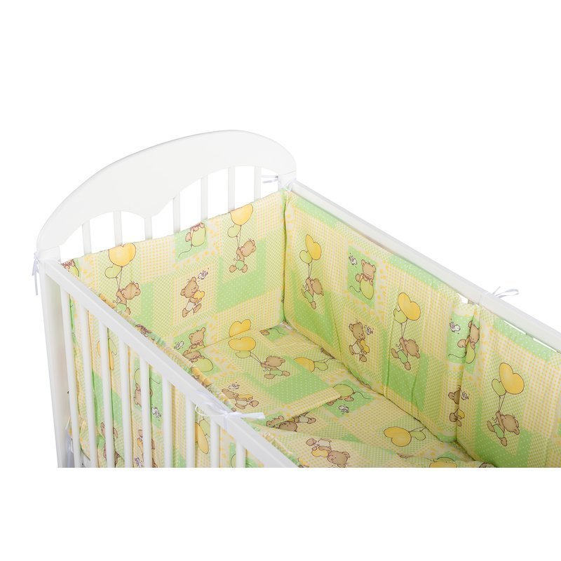 BabyNeeds - Lenjerie patut 5 piese, Cu doua protectii laterale, Pernuta, Plapumioara, Cearceaf, Din bumbac, Pentru patut 120x60 cm, Ursuleti colorati, Verde