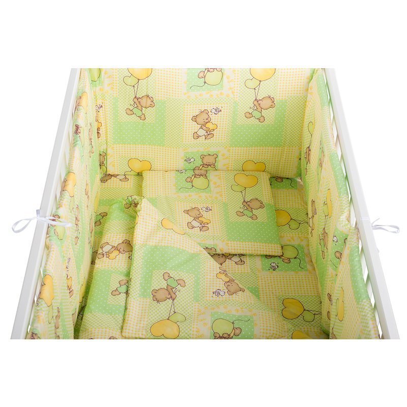 BabyNeeds - Lenjerie patut 5 piese, Cu doua protectii laterale, Pernuta, Plapumioara, Cearceaf, Din bumbac, Pentru patut 120x60 cm, Ursuleti colorati, Verde image 2