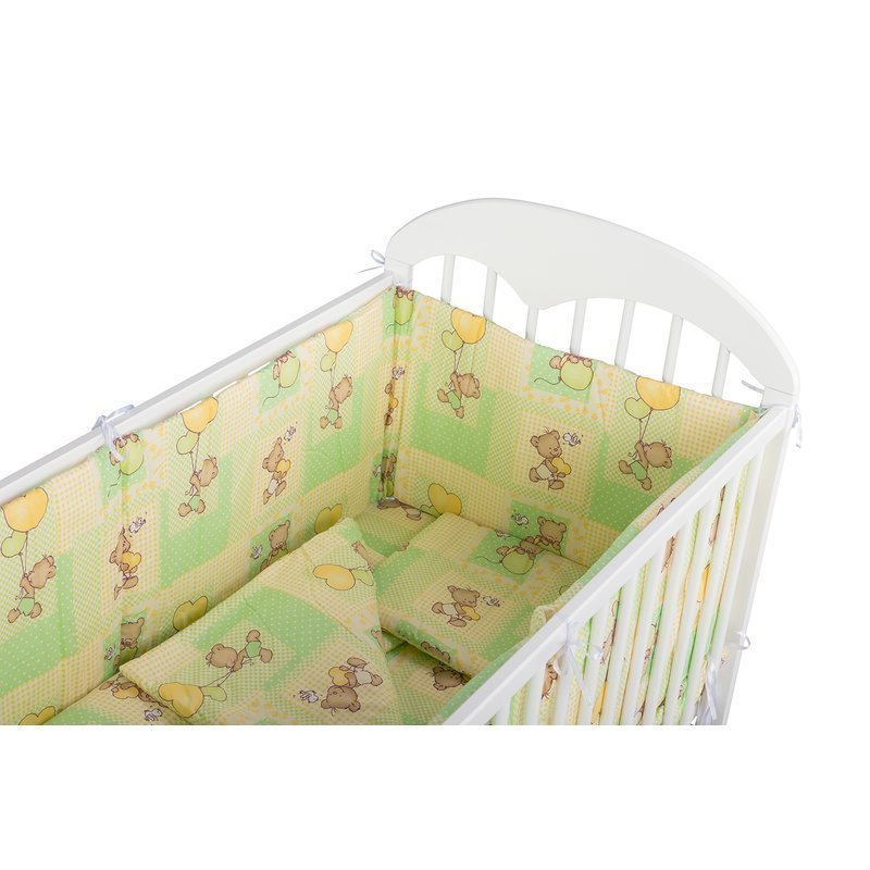 BabyNeeds - Lenjerie patut 5 piese, Cu doua protectii laterale, Pernuta, Plapumioara, Cearceaf, Din bumbac, Pentru patut 120x60 cm, Ursuleti colorati, Verde image 4