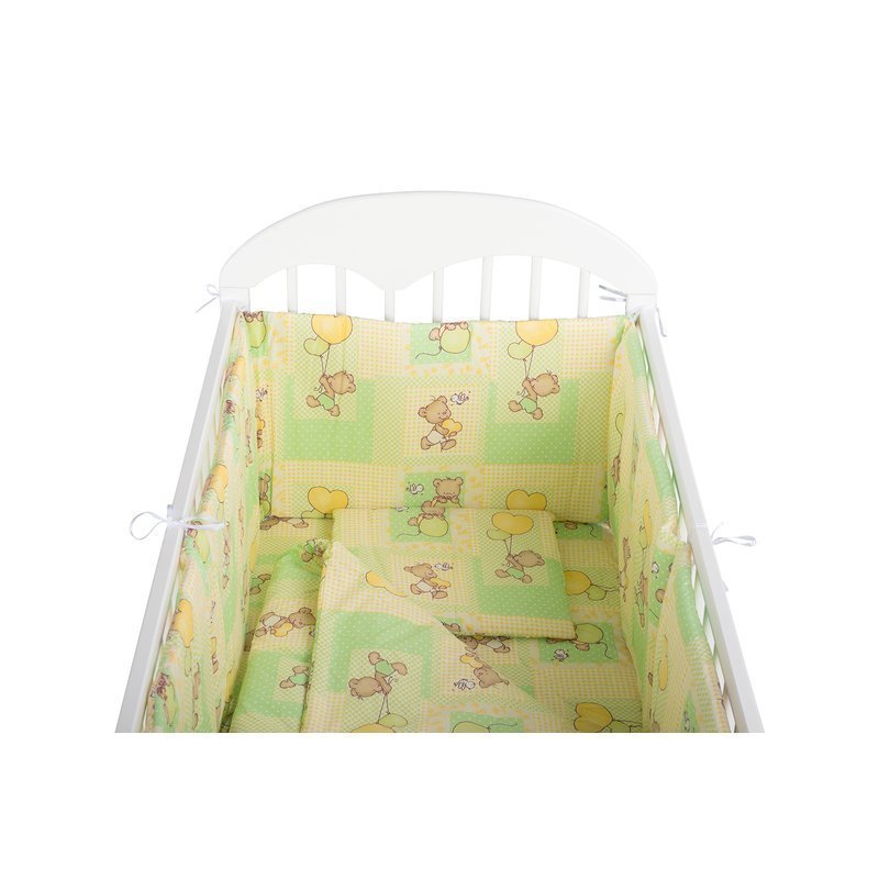 BabyNeeds - Lenjerie patut 5 piese, Cu doua protectii laterale, Pernuta, Plapumioara, Cearceaf, Din bumbac, Pentru patut 120x60 cm, Ursuleti colorati, Verde image 5