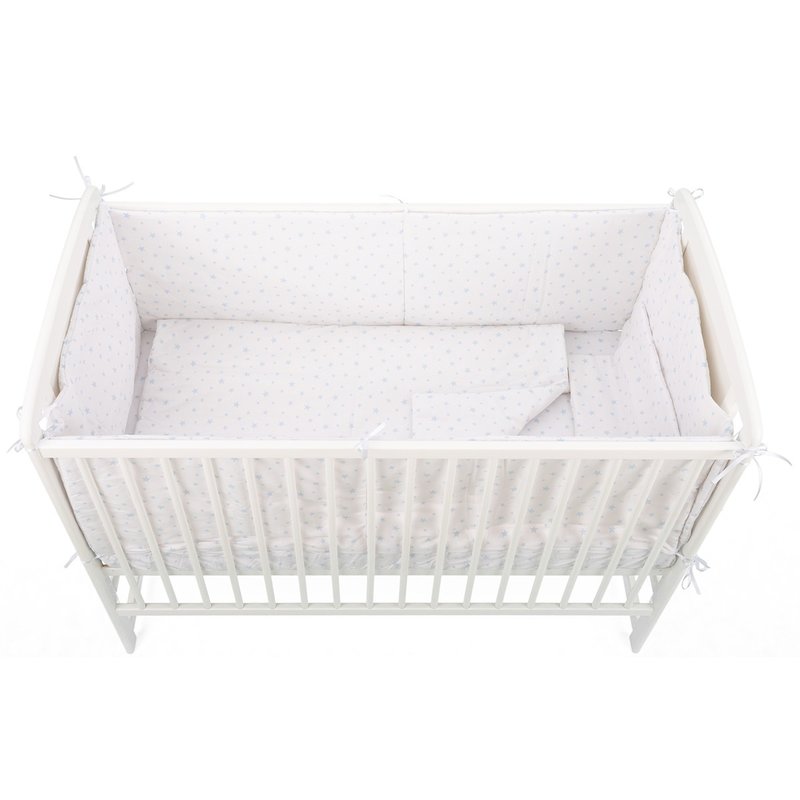 BabyNeeds - Lenjerie patut 5 piese, Cu doua protectii laterale, Pernuta, Plapumioara, Cearceaf, Din bumbac, Pentru patut 120x60 cm, Alb cu stelute albastru deschis image 2