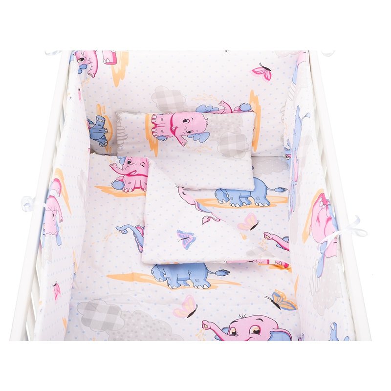 BabyNeeds - Lenjerie patut 5 piese, Cu doua protectii laterale, Pernuta, Plapumioara, Cearceaf, Din bumbac, Pentru patut 120x60 cm, Elefantei, Albastru-Roz image 2