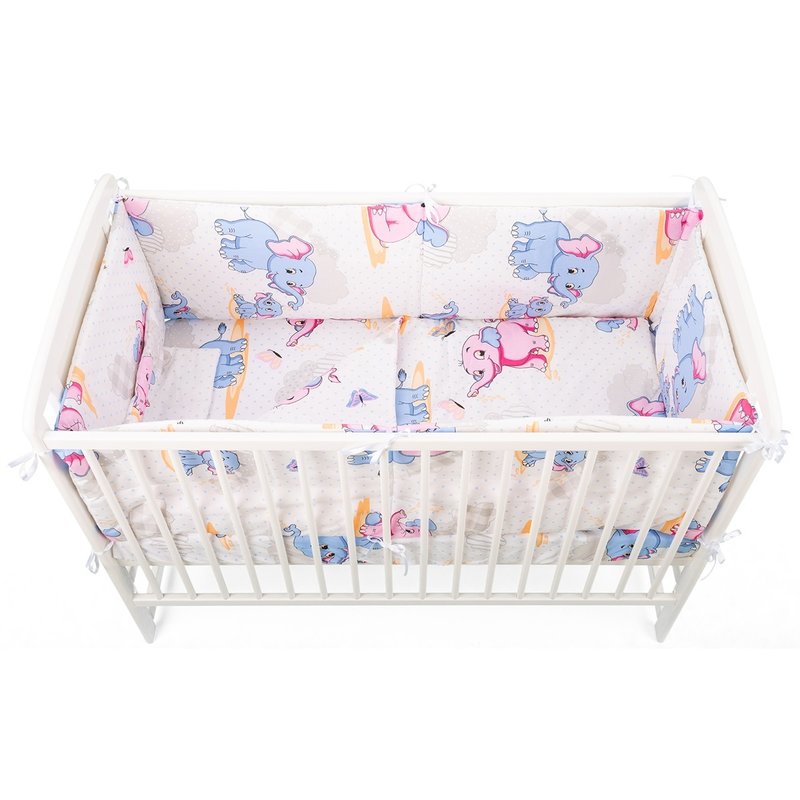 BabyNeeds - Lenjerie patut 5 piese, Cu doua protectii laterale, Pernuta, Plapumioara, Cearceaf, Din bumbac, Pentru patut 120x60 cm, Elefantei, Albastru-Roz image 3