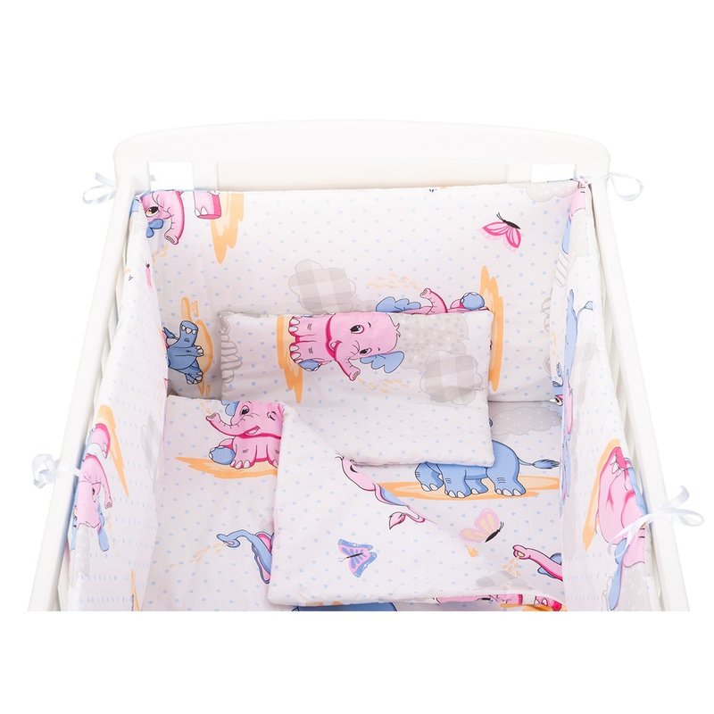 BabyNeeds - Lenjerie patut 5 piese, Cu doua protectii laterale, Pernuta, Plapumioara, Cearceaf, Din bumbac, Pentru patut 120x60 cm, Elefantei, Albastru-Roz image 4