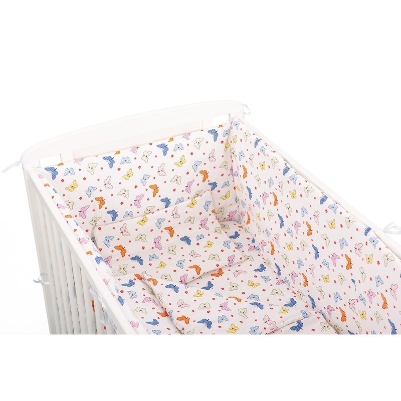 BabyNeeds - Lenjerie patut 5 piese, Cu doua protectii laterale, Pernuta, Plapumioara, Cearceaf, Din bumbac, Pentru patut 120x60 cm, Fluturasi, Multicolor