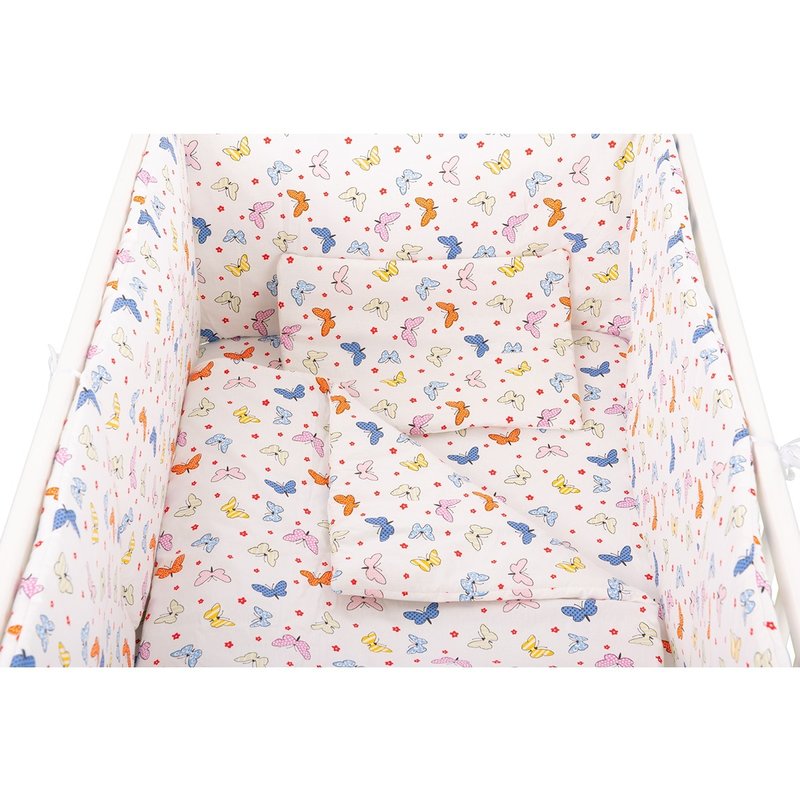 BabyNeeds - Lenjerie patut 5 piese, Cu doua protectii laterale, Pernuta, Plapumioara, Cearceaf, Din bumbac, Pentru patut 120x60 cm, Fluturasi, Multicolor image 2