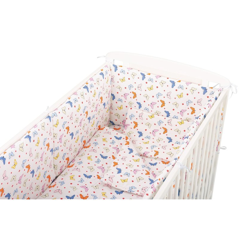 BabyNeeds - Lenjerie patut 5 piese, Cu doua protectii laterale, Pernuta, Plapumioara, Cearceaf, Din bumbac, Pentru patut 120x60 cm, Fluturasi, Multicolor image 3