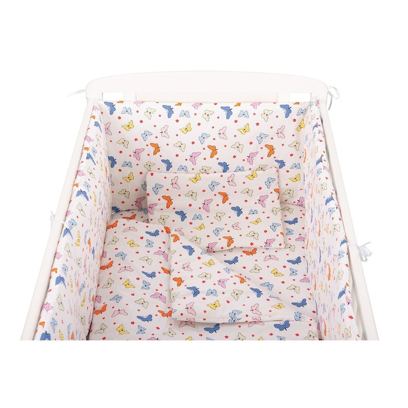 BabyNeeds - Lenjerie patut 5 piese, Cu doua protectii laterale, Pernuta, Plapumioara, Cearceaf, Din bumbac, Pentru patut 120x60 cm, Fluturasi, Multicolor image 5