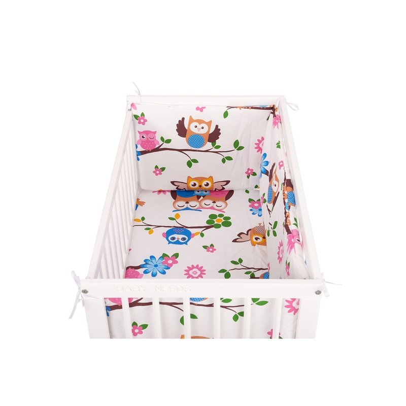 BabyNeeds - Lenjerie patut 2 piese, Cu protectie laterale, Cearceaf, Din bumbac, Pentru patut 90x50 cm, Bufnitele vesele, Multicolor image 2