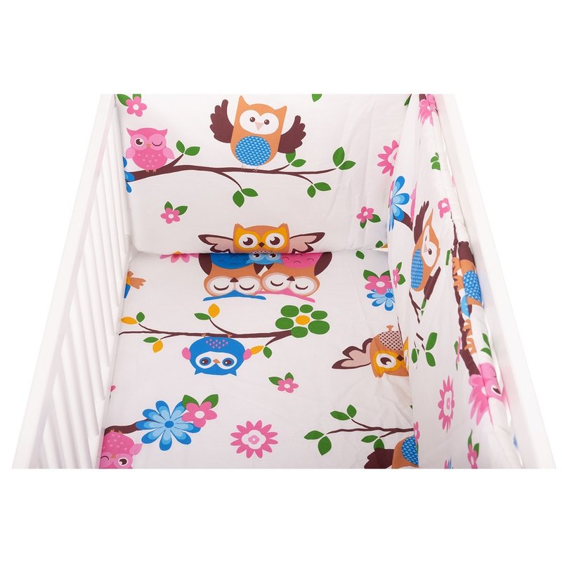 BabyNeeds - Lenjerie patut 2 piese, Cu protectie laterale, Cearceaf, Din bumbac, Pentru patut 90x50 cm, Bufnitele vesele, Multicolor image 3