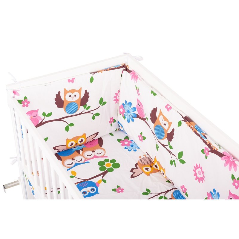 BabyNeeds - Lenjerie patut 2 piese, Cu protectie laterale, Cearceaf, Din bumbac, Pentru patut 90x50 cm, Bufnitele vesele, Multicolor image 4